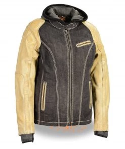 Milwaukee Leather MDL2005 Ladies Hooded Two Tone Black And Beige Denim And Leather Scuba Jacket Leather Motorcycle Jackets