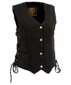 Milwaukee Leather MDL4001 Women's Black Side Lace 4 Snap Front Denim Vest