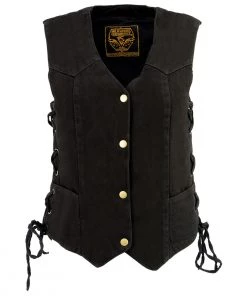 Milwaukee Leather MDL4001 Women's Black Side Lace 4 Snap Front Denim Vest