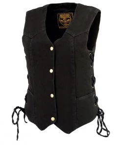 Milwaukee Leather MDL4001 Women's Black Side Lace 4 Snap Front Denim Vest
