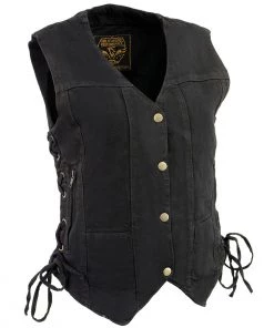 Milwaukee Leather MDL4020 Women's Classic Black ‘6 Pocket’ Side Lace Denim Vest