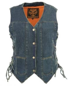 Milwaukee Leather MDL4020 Women's Classic Blue ‘6 Pocket’ Side Lace Denim Vest