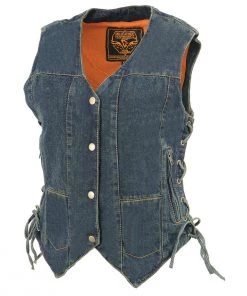 Milwaukee Leather MDL4020 Women's Classic Blue ‘6 Pocket’ Side Lace Denim Vest