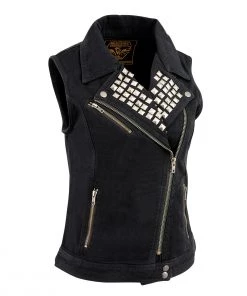 Motorcycle Vests Milwaukee Leather MDL4030 Women's Zipper Front Black Denim Vest With Studded Spikes