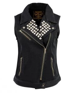 Motorcycle Vests Milwaukee Leather MDL4030 Women's Zipper Front Black Denim Vest With Studded Spikes