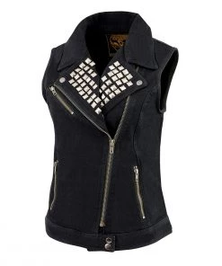 Motorcycle Vests Milwaukee Leather MDL4030 Women's Zipper Front Black Denim Vest With Studded Spikes
