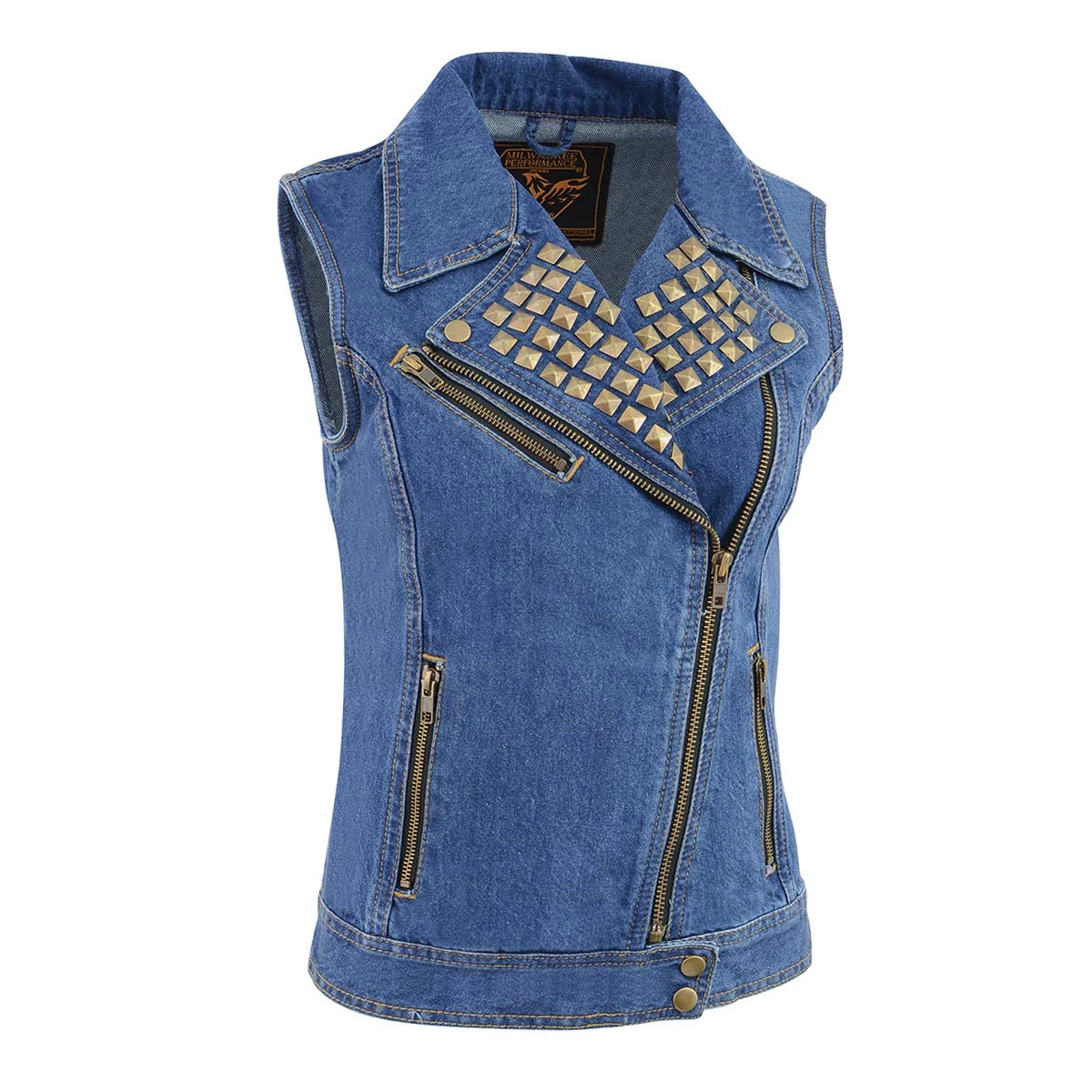 Motorcycle Vests Milwaukee Leather MDL4030 Women's Zipper Front Blue Denim Vest With Studded Spikes