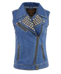 Motorcycle Vests Milwaukee Leather MDL4030 Women's Zipper Front Blue Denim Vest With Studded Spikes