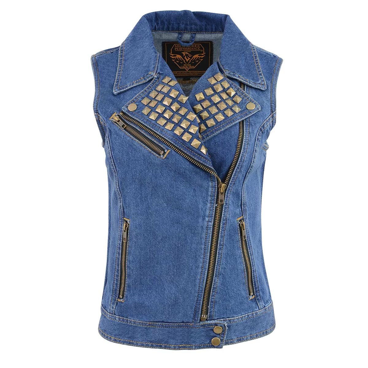 Motorcycle Vests Milwaukee Leather MDL4030 Women's Zipper Front Blue Denim Vest With Studded Spikes