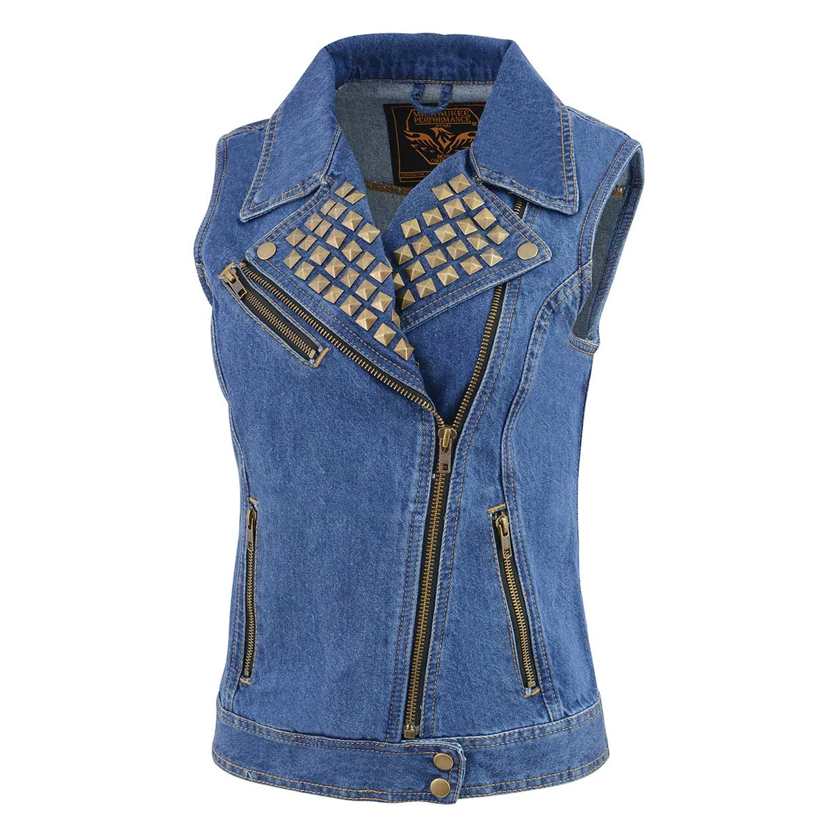 Motorcycle Vests Milwaukee Leather MDL4030 Women's Zipper Front Blue Denim Vest With Studded Spikes