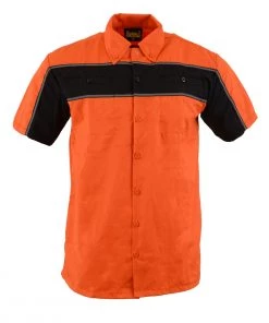 Riding Gear Biker Clothing Co. MDM11670.144 Men’s Black And Orange Short Sleeve Mechanic Shirt With Reflective Material