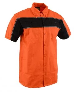 Riding Gear Biker Clothing Co. MDM11670.144 Men’s Black And Orange Short Sleeve Mechanic Shirt With Reflective Material