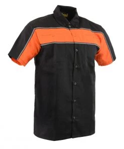 Riding Gear Biker Clothing Co. MDM11673 Men’s Black And Orange Short Sleeve Motorcycle Shirt With Reflective Material