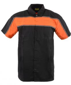 Riding Gear Biker Clothing Co. MDM11673 Men’s Black And Orange Short Sleeve Motorcycle Shirt With Reflective Material
