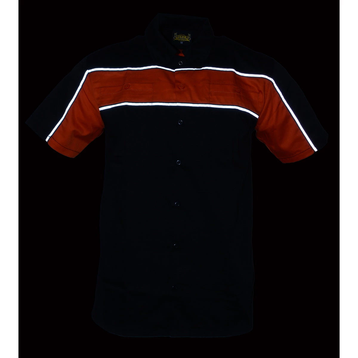 Riding Gear Biker Clothing Co. MDM11673 Men’s Black And Orange Short Sleeve Motorcycle Shirt With Reflective Material