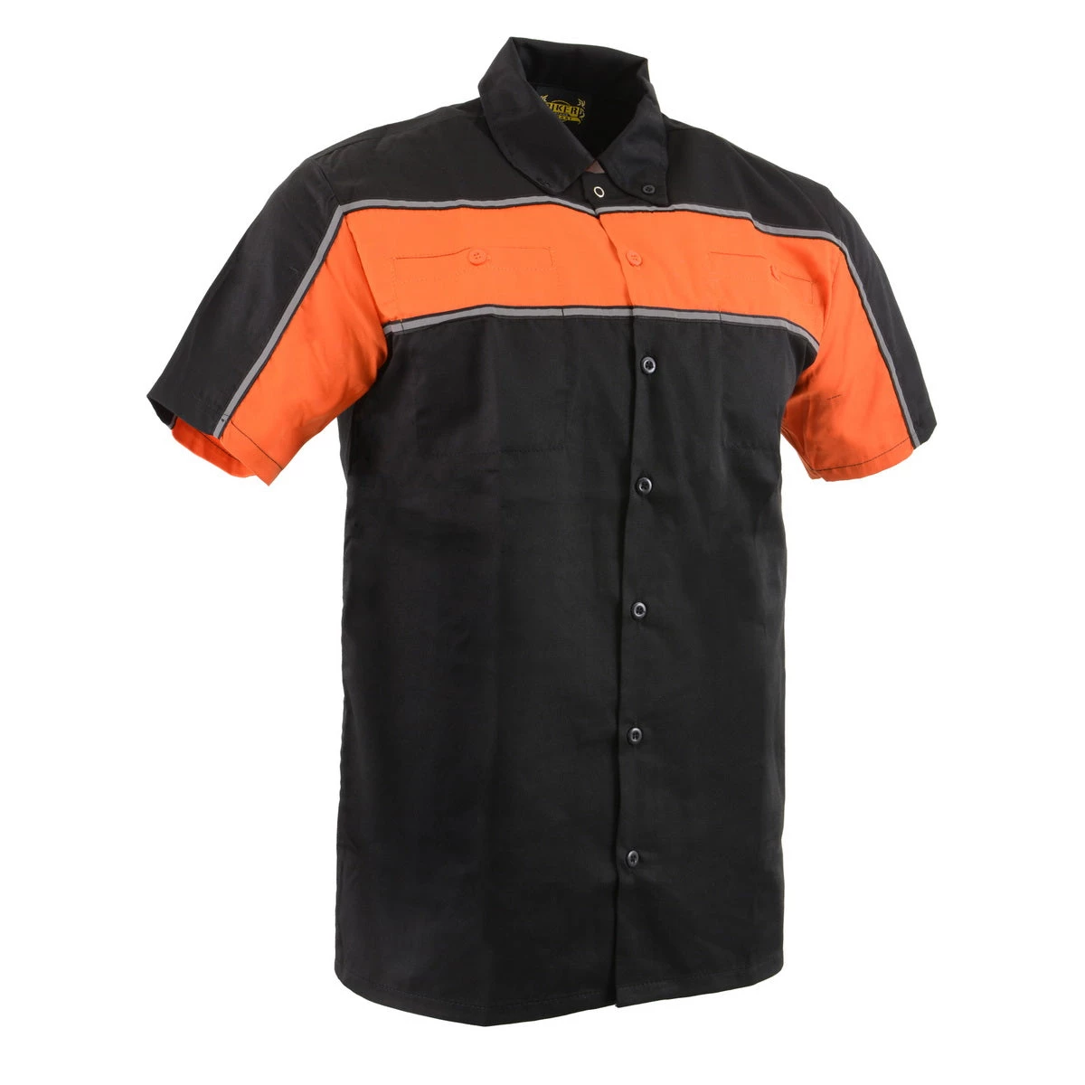 Riding Gear Biker Clothing Co. MDM11673 Men’s Black And Orange Short Sleeve Motorcycle Shirt With Reflective Material