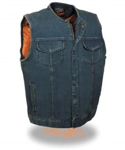 Milwaukee Leather MDM3001 Men's Collarless Blue Denim Club Vest With Hidden Zipper Motorcycle Vests