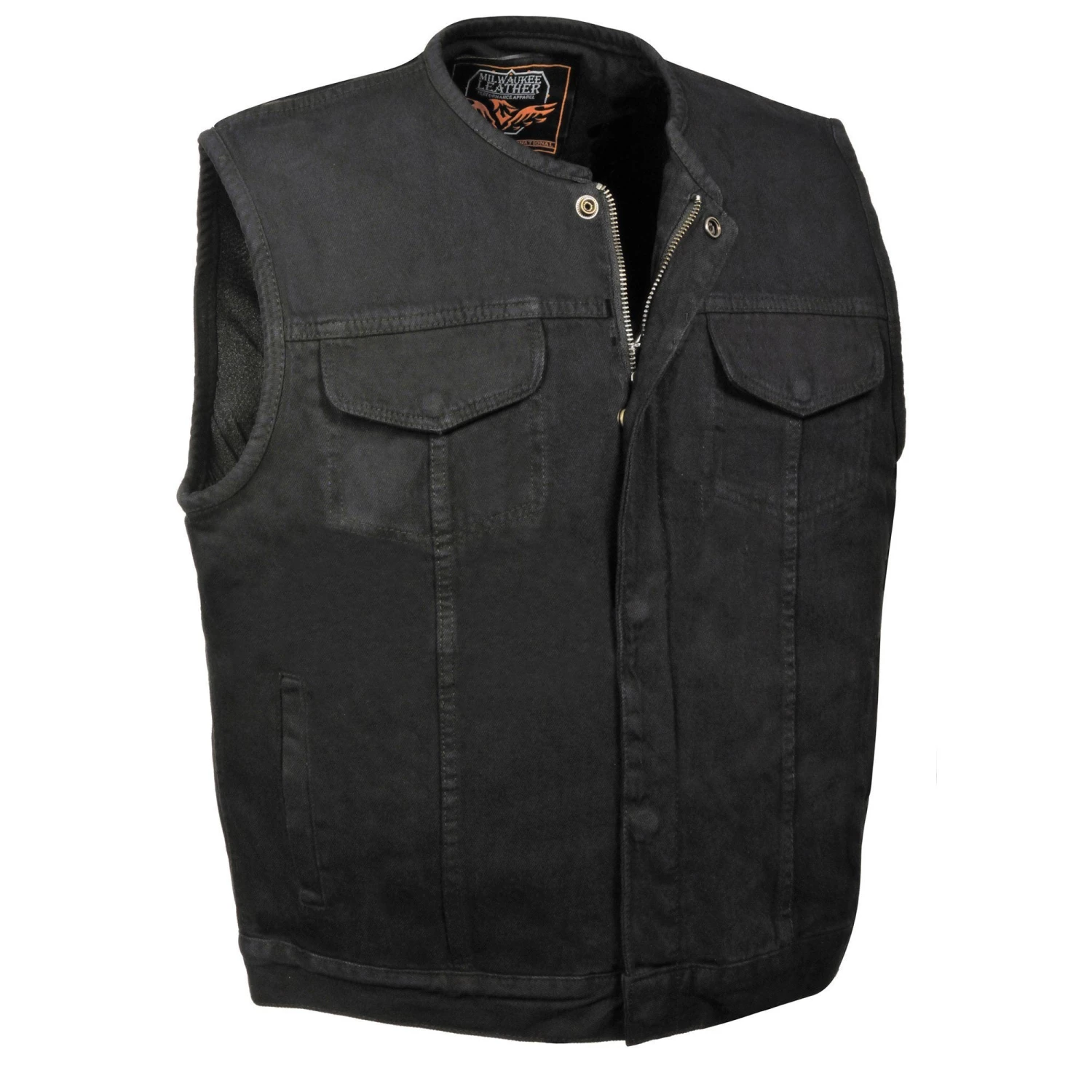 Motorcycle Vests Milwaukee Leather MDM3001 Men's Collarless Black Denim Club Vest With Hidden Zipper