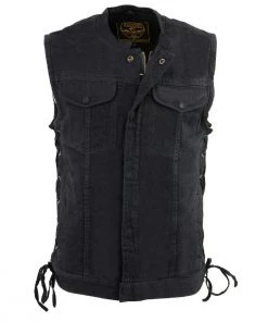 Milwaukee Leather MDM3002 Men's Black Side Lace Denim Club Style Vest With Hidden Zipper