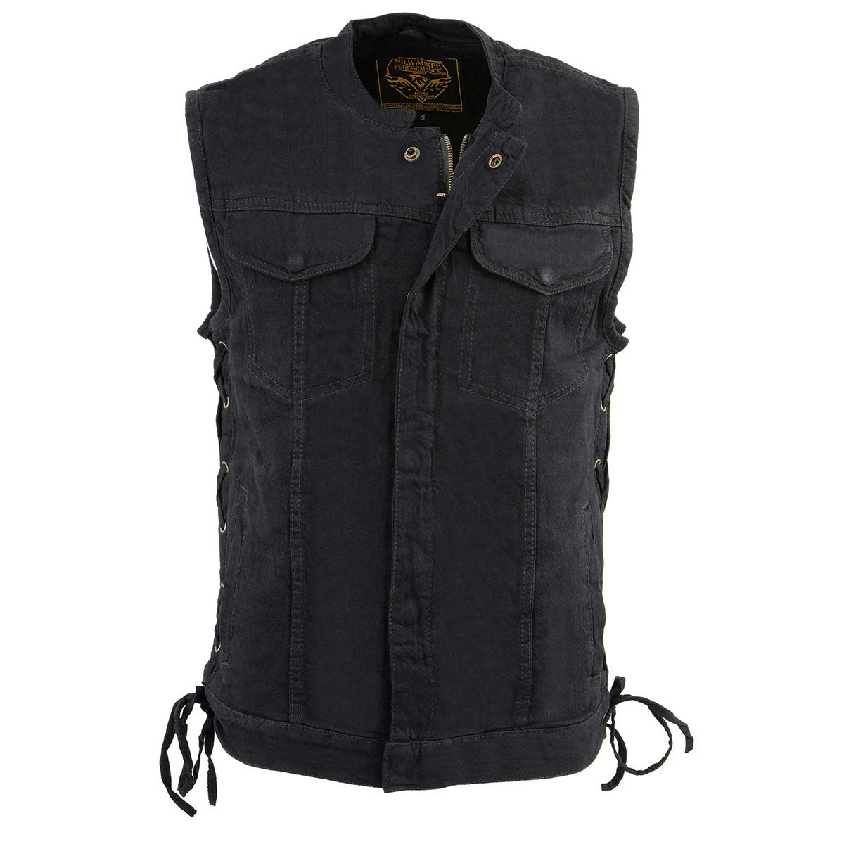 Milwaukee Leather MDM3002 Men's Black Side Lace Denim Club Style Vest With Hidden Zipper