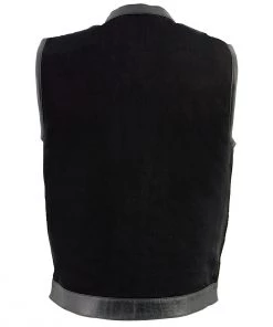 Milwaukee Leather MDM3010 Men's Black Denim Club Vest With Leather Trim And Hidden Zipper Motorcycle Vests