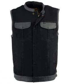 Milwaukee Leather MDM3010 Men's Black Denim Club Vest With Leather Trim And Hidden Zipper Motorcycle Vests