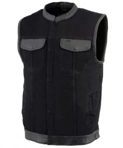 Milwaukee Leather MDM3010 Men's Black Denim Club Vest With Leather Trim And Hidden Zipper Motorcycle Vests