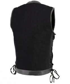 Motorcycle Vests Milwaukee Leather MDM3011 Men's Black Side Lace Denim Vest With Leather Trim And Hidden Zipper