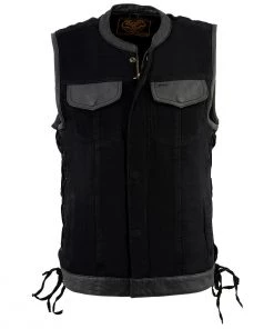 Motorcycle Vests Milwaukee Leather MDM3011 Men's Black Side Lace Denim Vest With Leather Trim And Hidden Zipper