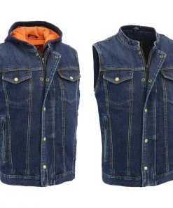 Milwaukee Leather MDM3020 Men's Blue Denim 5-in-1 Club Style Vest With Removable Hoodie Motorcycle Jackets