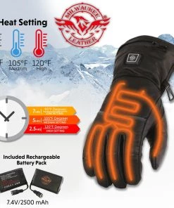 Heated Jackets Milwaukee Leather MG7713SET Women's Black 'Heated' Leather Waterproof Gauntlet Gloves With I-Touch (Battery Pack Included)