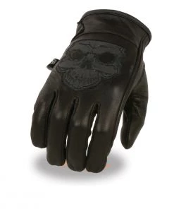 Riding Gear Milwaukee Leather MG7570 Men's ‘Reflective Skull’ Black Leather Gloves With Gel Palm