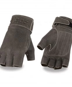 Milwaukee Leather MG7761 Ladies Fingerless Distressed Gray Leather Gloves With Gel Palms Riding Gear