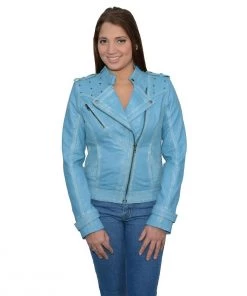 Leather Motorcycle Jackets Milwaukee Leather SFL2840 Aqua Women's Asymmetrical Studded Sheepskin Leather Jacket