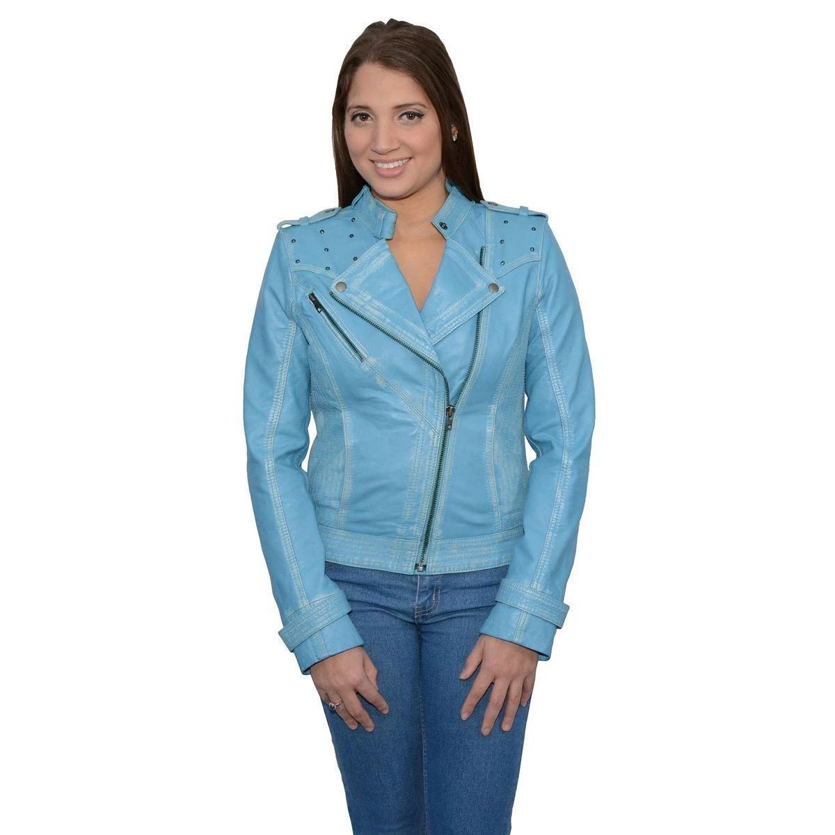 Leather Motorcycle Jackets Milwaukee Leather SFL2840 Aqua Women's Asymmetrical Studded Sheepskin Leather Jacket