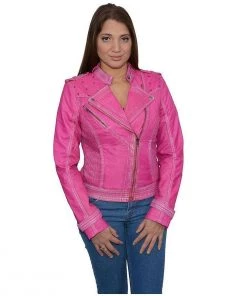 Milwaukee Leather SFL2840 Pink Women's Asymmetrical Studded Sheepskin Leather Jacket Leather Motorcycle Jackets