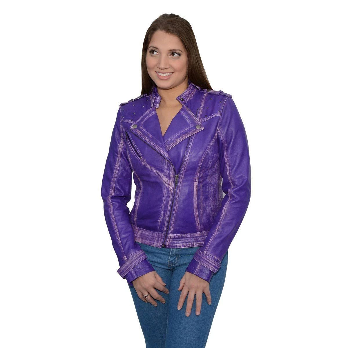 Milwaukee Leather SFL2840 Purple Women's Asymmetrical Studded Sheepskin Leather Jacket Leather Motorcycle Jackets