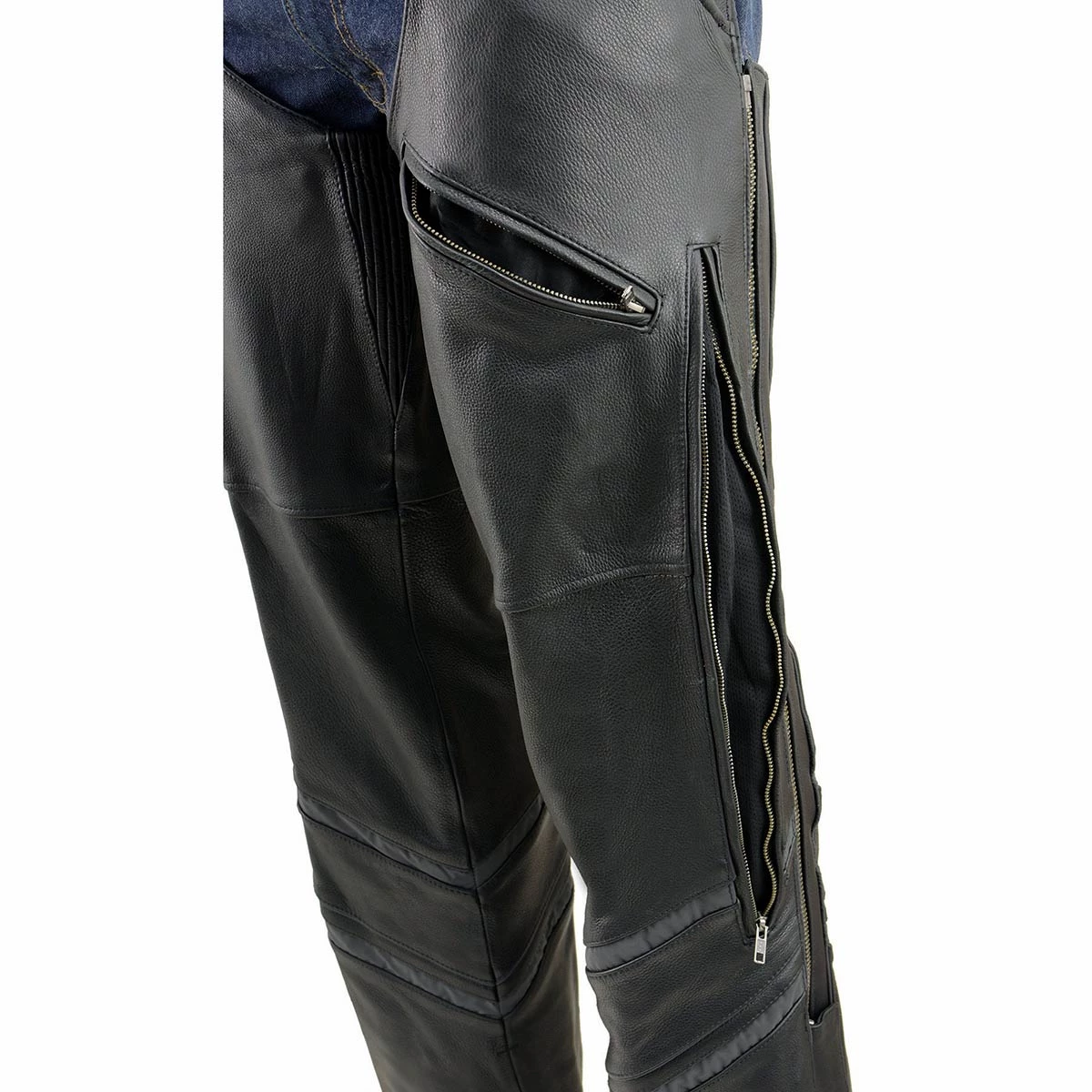 Milwaukee Leather ML1144 Men's Black Leather Vented Chaps With Reflective Piping