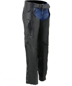 Milwaukee Leather ML1179 Ladies Black Leather Chaps With Wing Embroidery Motorycle Pants & Chaps