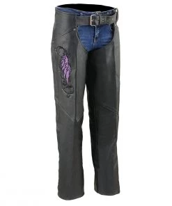 Motorycle Pants & Chaps Milwaukee Leather ML1179 Ladies Black And Purple Leather Chaps With Wing Embroidery