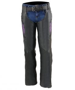 Motorycle Pants & Chaps Milwaukee Leather ML1179 Ladies Black And Purple Leather Chaps With Wing Embroidery