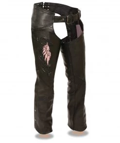 Motorycle Pants & Chaps Milwaukee Leather ML1179 Ladies Black And Pink Leather Chaps With Wing Embroidery
