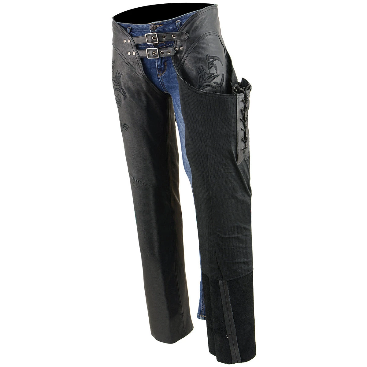 Milwaukee Leather ML1187 Ladies Black Leather Chaps With Reflective Tribal Embroidery Motorycle Pants & Chaps