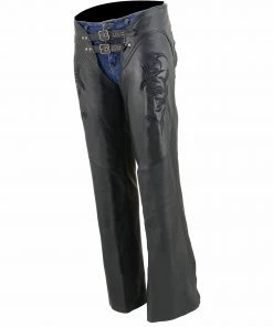 Milwaukee Leather ML1187 Ladies Black Leather Chaps With Reflective Tribal Embroidery Motorycle Pants & Chaps