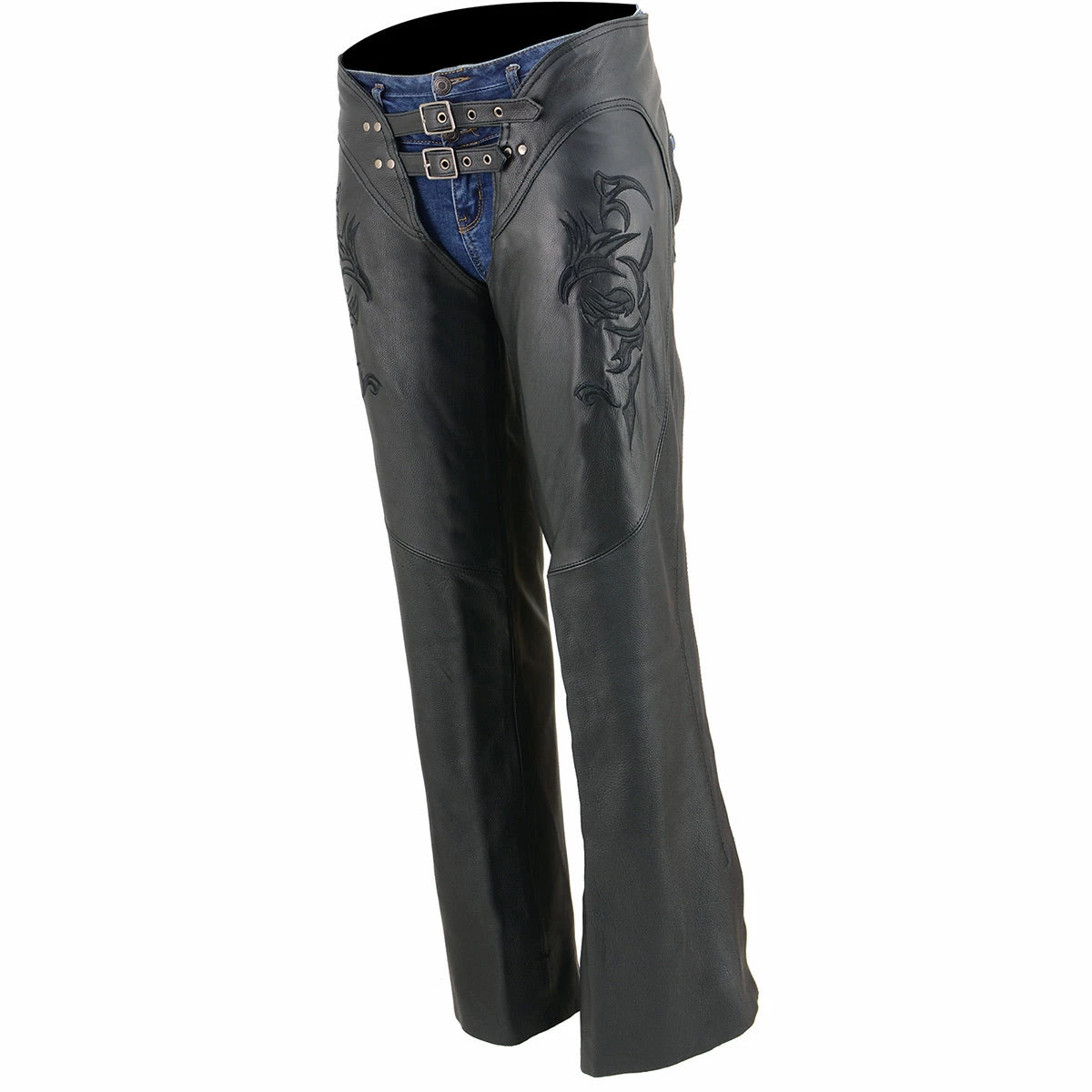 Milwaukee Leather ML1187 Ladies Black Leather Chaps With Reflective Tribal Embroidery Motorycle Pants & Chaps