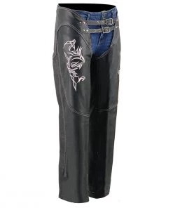 Motorycle Pants & Chaps Milwaukee Leather ML1187 Ladies Black And Pink Leather Chaps With Reflective Tribal Embroidery
