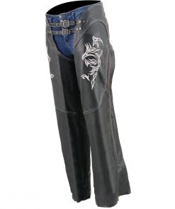 Motorycle Pants & Chaps Milwaukee Leather ML1187 Ladies Black And Pink Leather Chaps With Reflective Tribal Embroidery