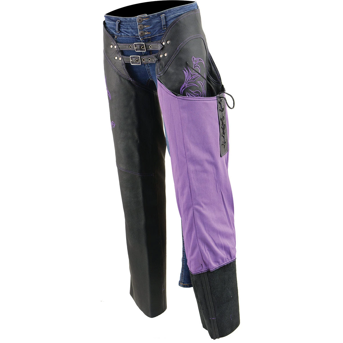 Milwaukee Leather ML1187 Ladies Black And Purple Leather Chaps With Reflective Tribal Embroidery
