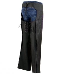 Milwaukee Leather ML1187 Ladies Black And Purple Leather Chaps With Reflective Tribal Embroidery