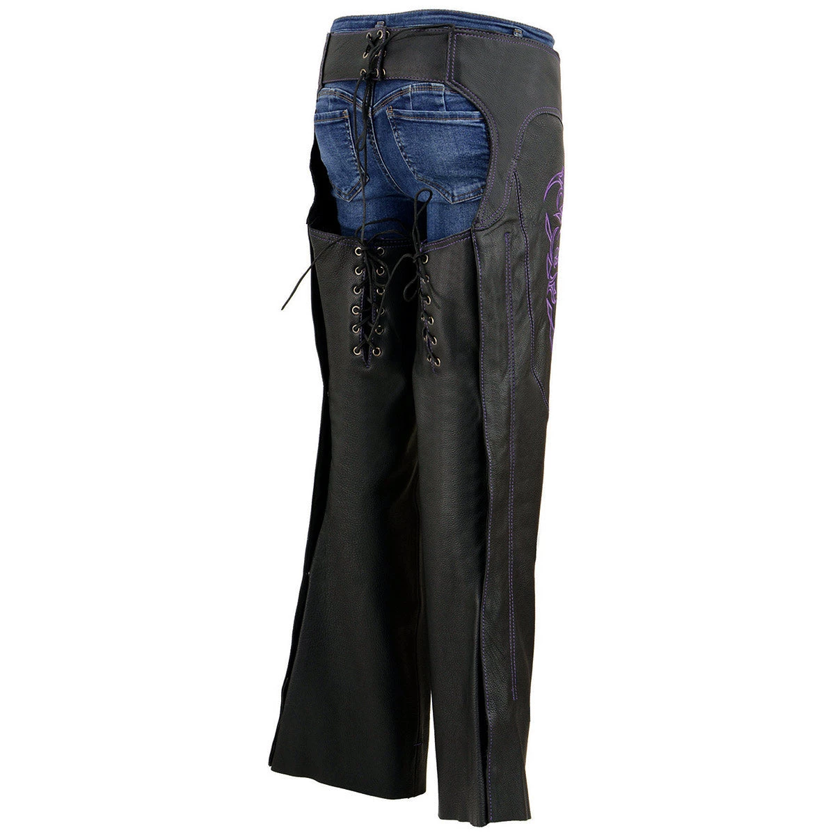 Milwaukee Leather ML1187 Ladies Black And Purple Leather Chaps With Reflective Tribal Embroidery